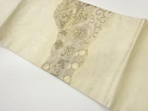 汕頭刺繍変わり道長取りに花唐草・鳥・華紋模様名古屋帯